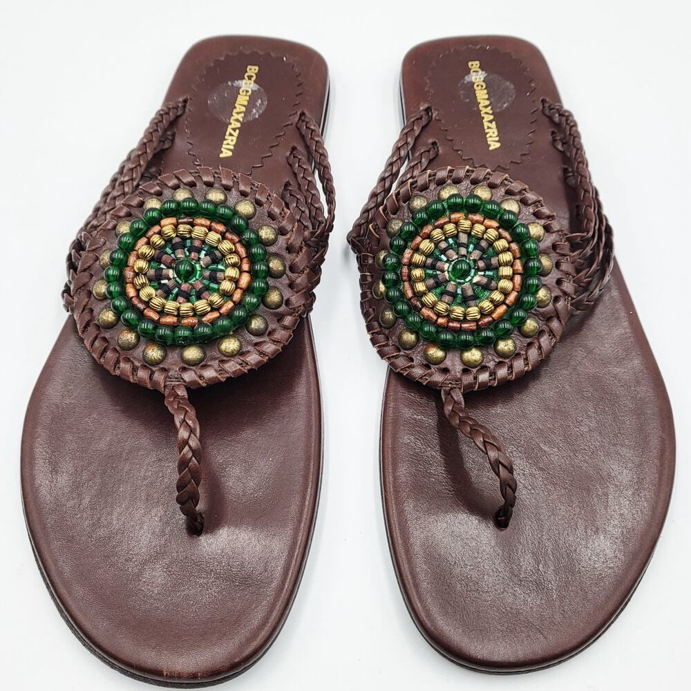 BCBGMAXAZRIA Brown Leather Beaded Medallion Thong Sandals Made in Italy Size 8.5